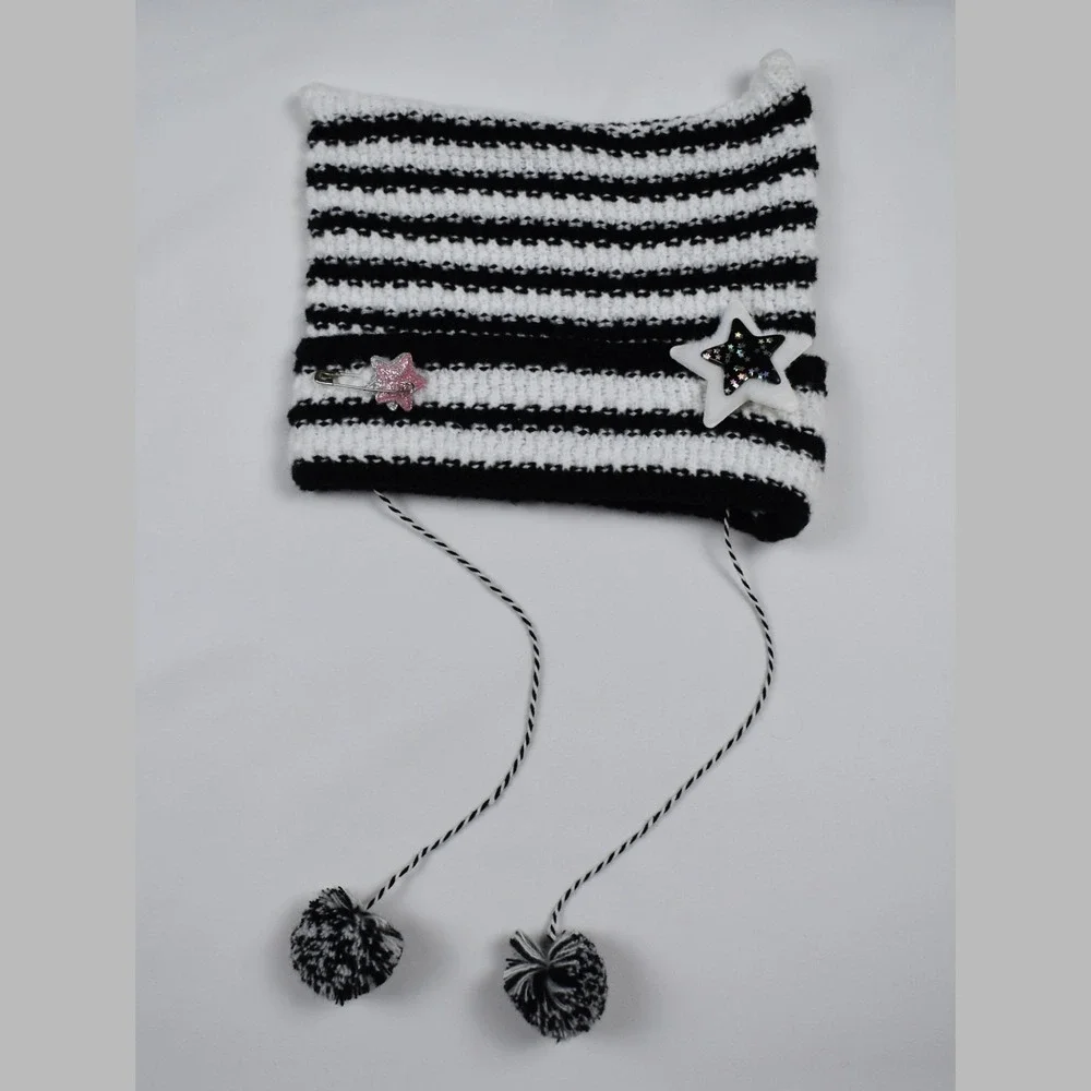 Kids Black & White Striped Star Knit Beanie Hat With Pom Poms Size S